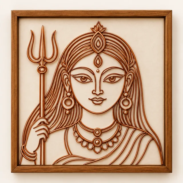 Durga with Trishul — framed copper wire wall art