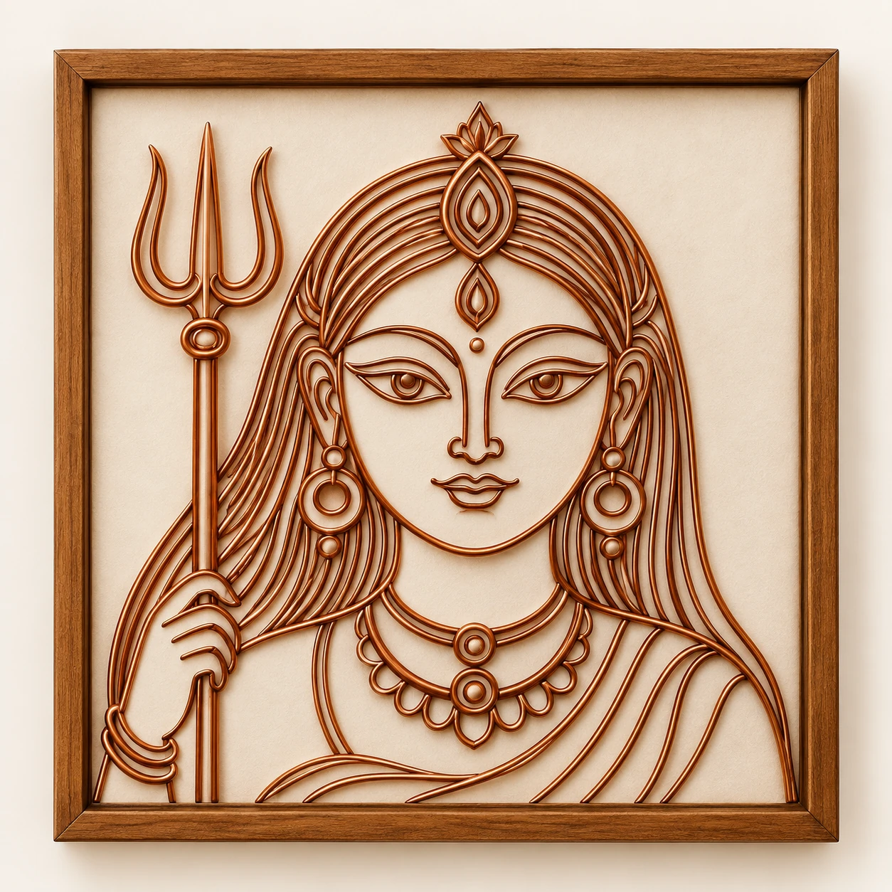 Durga with Trishul — framed copper wire wall art