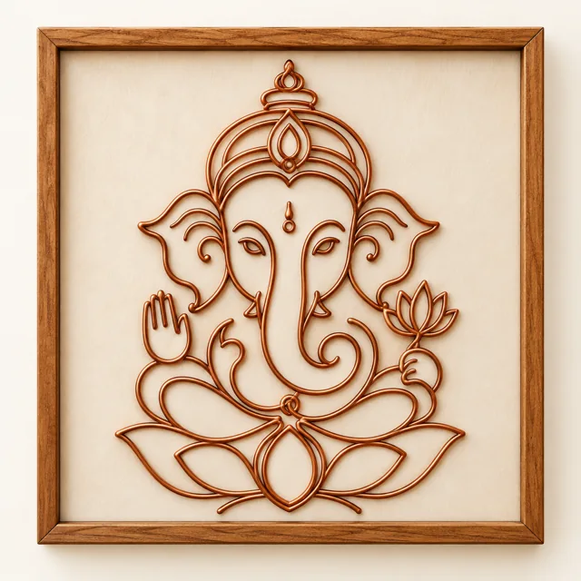 Ganesh with Lotus — framed copper wire wall art