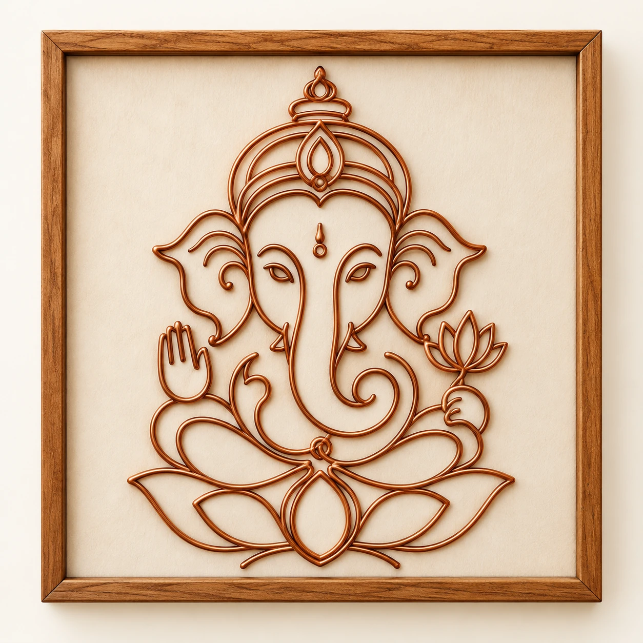 Ganesh with Lotus — framed copper wire wall art