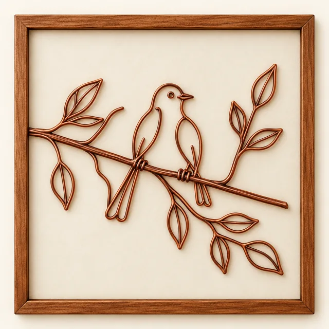 Birds on Branch — framed copper wire wall art