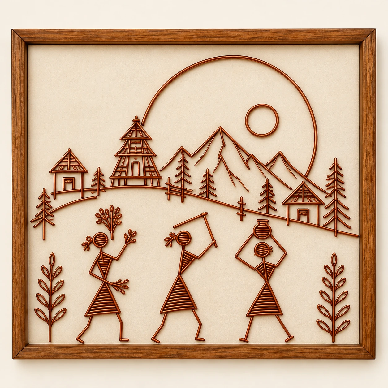 Warli – Community — framed copper wire wall art